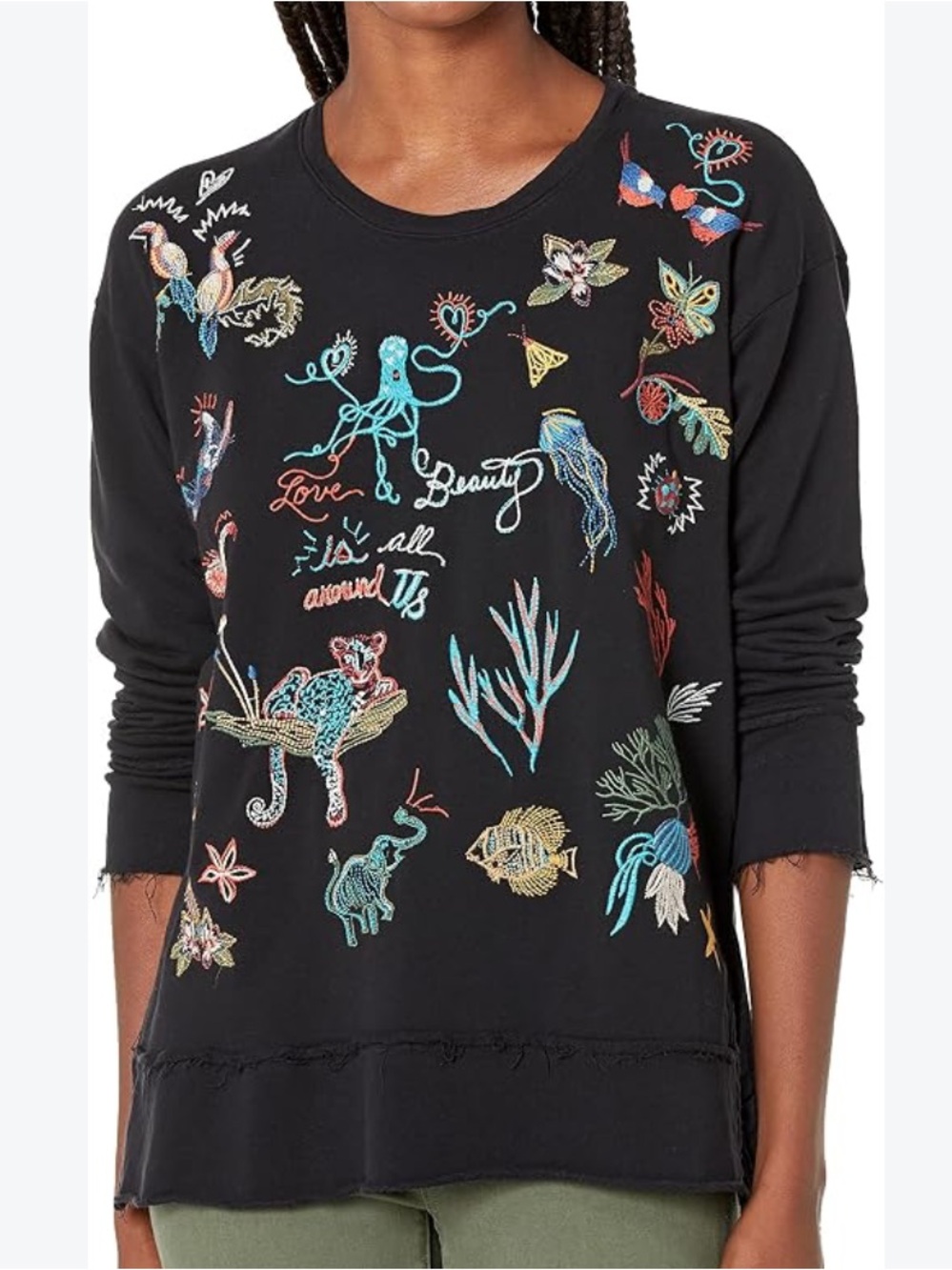 Johnny Was Zoe Relaxed Black Cotton Drape Blouse Shirt Floral Embroidery Top